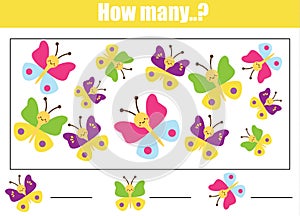 Educational children game. mathematics kids activity sheet. Count cute butterflies. How many objects task, study addition