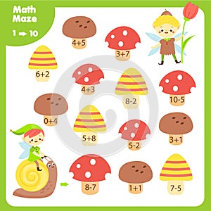 Educational children game. Mathematics maze. Labyrinth with equations from one to ten. Help elf find fairy friend.