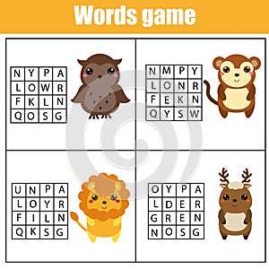 Educational children game. Word search puzzle kids activity. Animals theme. Learning vocabulary