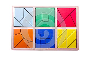 Educational colorful geometric figures. Ecological wooden toys for children concept isolated on a white background.