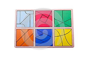 Educational colorful geometric figures. Ecological wooden toys for children concept isolated on a white background.