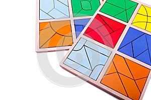 Educational colorful geometric figures. Ecological wooden toys for children concept isolated on a white background.