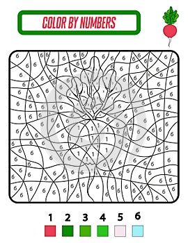 Educational coloring book by numbers for preschool children. Cute cartoon vegetables. Educational coloring book with
