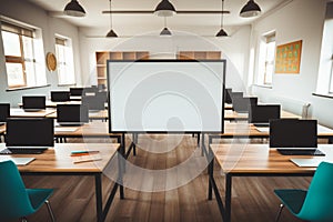 Educational display computer monitor mockup in a technologically advanced classroom