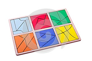 Educational colorful geometric figures. Ecological wooden toys for children concept isolated on a white background.