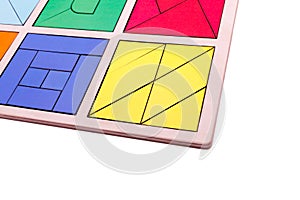 Educational colorful geometric figures. Ecological wooden toys for children concept isolated on a white background.