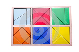 Educational colorful geometric figures. Ecological wooden toys for children concept isolated on a white background.