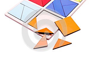 Educational colorful geometric figures. Ecological wooden toys for children concept isolated on a white background.