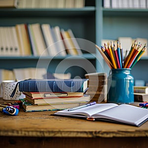 Educational essentials empty desk with school supplies and book stack