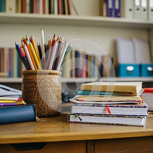 Educational essentials empty desk with school supplies and book stack