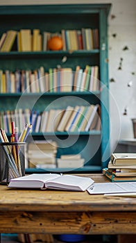 Educational essentials empty desk with school supplies and book stack