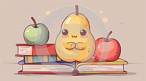educational fruit character, adorable pear cartoon sits on books, symbolizing love for learning and education with its