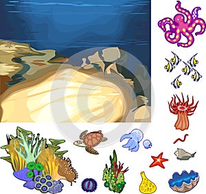 Educational game: assembling Ecosystem of coral reef from ready-made components in form of stickers