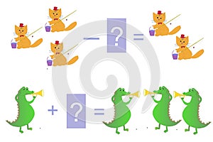 Educational game for children - addition and subtraction. Examples with cute cats and crocodiles.