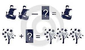 Educational game for children. Addition and subtraction. Examples with cute silhouettes of ships and trees.