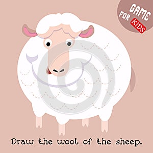 Educational game for children. Cartoon farm animal. Sheep with fluffy curls. Vector illustration. Draw the paths. Handwriting