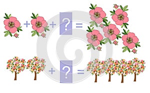 Educational game for children. Cartoon illustration of mathematical addition.