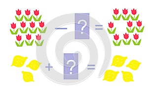 Educational game for children. Cartoon illustration of mathematical addition and subtraction.