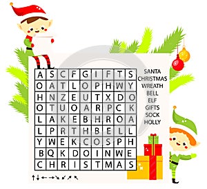 Educational game for children. Christmas Word search puzzle kids activity. new year theme learning vocabulary.