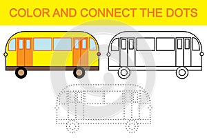 Educational game for children. Color and connect the dots to create bus