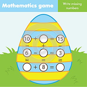 Educational game for children. Complete equations. Study Subtraction and addition. Easter theme mathematics worksheet for kids