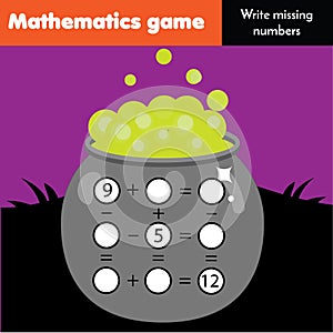 Educational game for children. Complete equations. Study Subtraction and addition. HALLOWEEN theme mathematics worksheet for kids