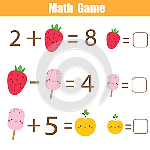 Educational game for children. Complete equations. Study Subtraction and addition photo