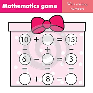 Educational game for children. Complete equations. Study Subtraction and addition. Mathematics worksheet