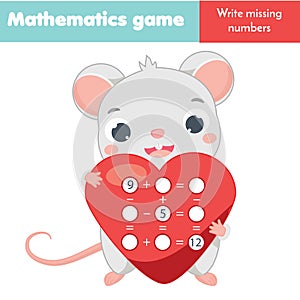 Educational game for children. Complete equations. Study Subtraction and addition. Mathematics worksheet for kids