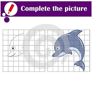Educational game for children. Copy the picture. Cute dolphin. Coloring book