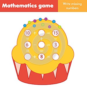 Educational game for children. Counting equations. Study Subtraction and addition. Mathematics worksheet photo