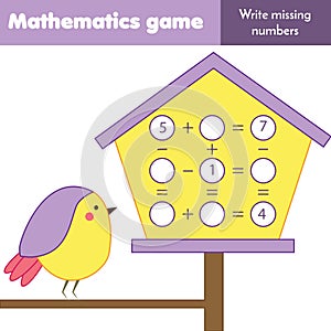 Educational game for children. Counting equations. Study Subtraction and addition. Mathematics worksheet