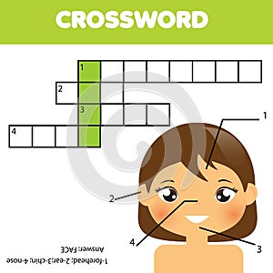 Educational game for children. Crossword puzzle kids activity. My body theme learning vocabulary