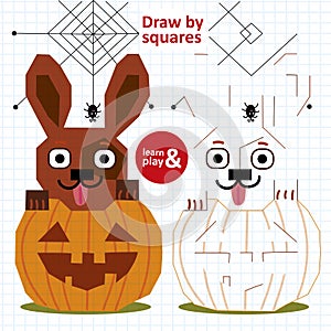 Educational game for children. Draw Halloween by squares. Spider web and spider paint same way again. Paint resulting