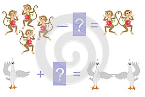 Educational game for children. Examples with cute monkeys and little swans.