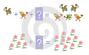 Educational game for children. Examples with flowers and birds.