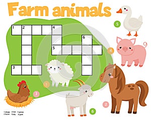 Educational game for children. farm animals crossword puzzle kids activity. learning english vocabulary.