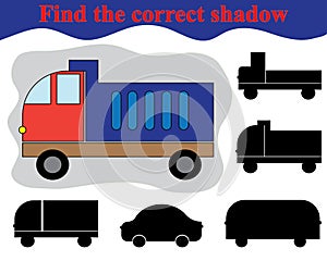 Educational game for children. Find the correct shadow of dump truck.