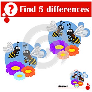 Educational game for children. Find 5 differences. SCute bee with a bucket of honey flying over flowers
