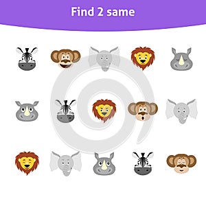 Educational game for children. Find two same. Animal faces.