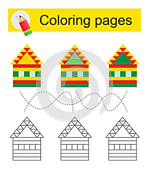 Educational game for children. Go through the maze and color a cartoon house according to the pattern