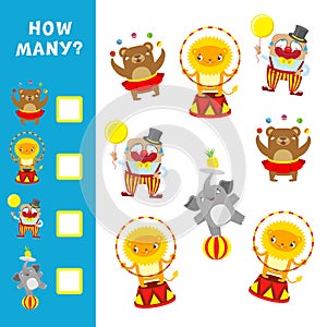 Educational game for children. How many circus characters. Vector calculation activity
