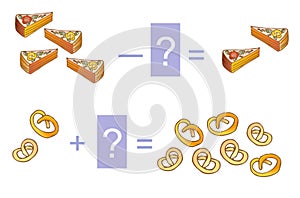 Educational game for children. Mathematical addition and subtraction. Examples with cakes and biscuits.