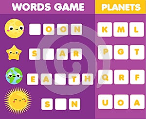 Educational game for children. Word puzzle kids activity. Space and planets learning fun for toddlers