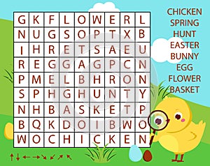 Educational game for children. Word search puzzle kids activity. Easter theme learning vocabulary