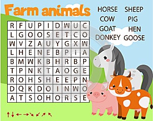 Educational game for children. Word search puzzle kids activity. Farm animals theme. learning vocabulary for toddlers