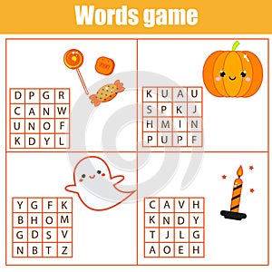 Educational game for children. Word search puzzle kids activity. Halloween theme learning vocabulary