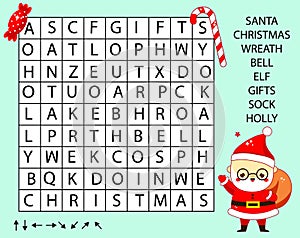 Educational game for children. Word search puzzle kids activity. New Year and christmas theme learning vocabulary