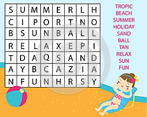 Educational game for children. Word search puzzle kids activity. Summer holidays theme learning vocabulary