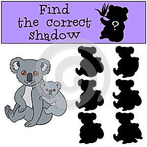Educational game: Find the correct shadow. Mother koala with baby.